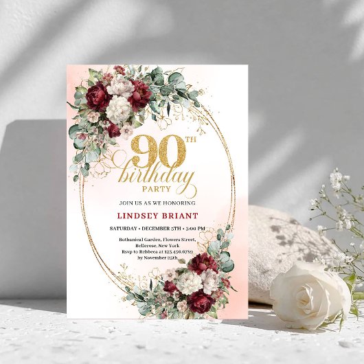 Invitation Timeless Maroon Peonies Eucalyptus 90th Birthday