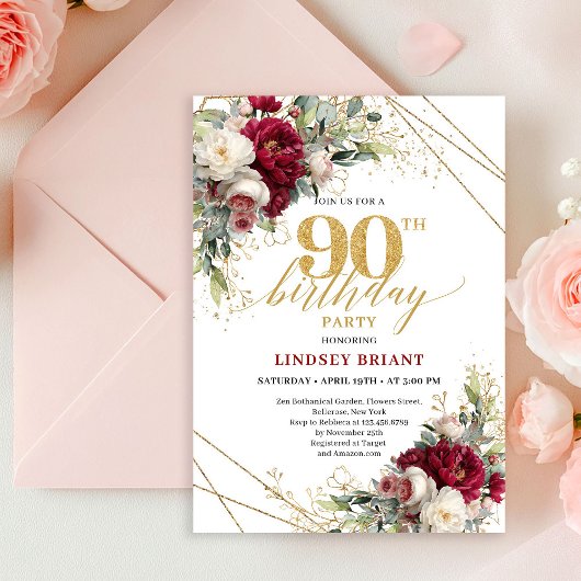 Invitation Timeless Marsala Floral Gold 90th Birthday Invite