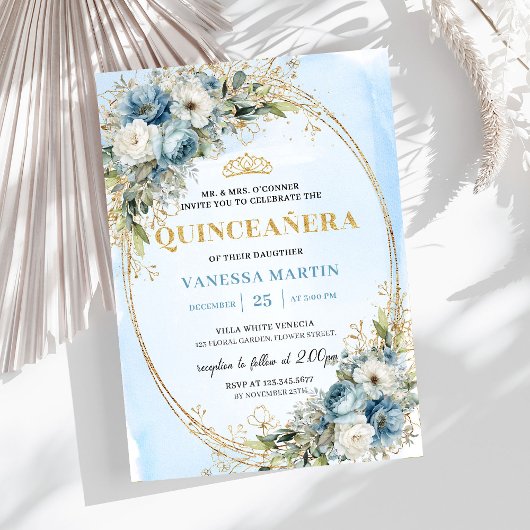Invitation Timeless Pastel Blue Gold Eucalyptus Quinceañera