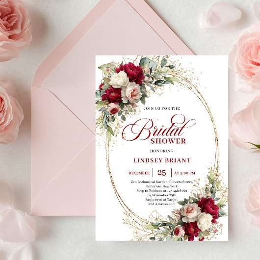 Invitation Timeless Red White Flowers Gold Bridal Shower