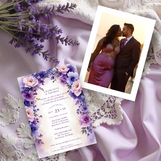 Invitation Timeless Romantic Purple Shades Flowers Arch Photo