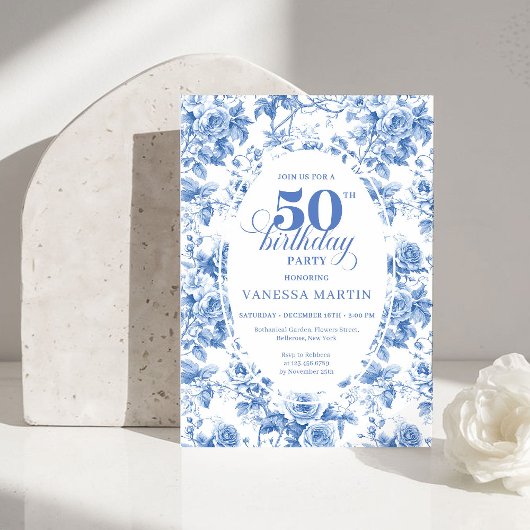 Invitation Timeless Royal Blue Toile de Jouy 50th Birthday 