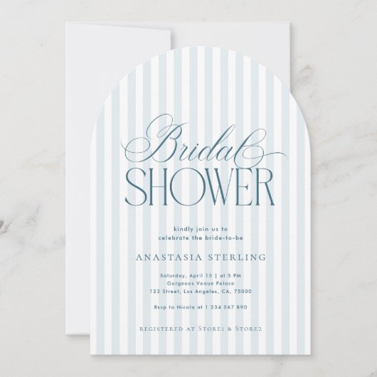 Invitation Timeless Script Blue Stripes Arched Bridal Shower (Devant)