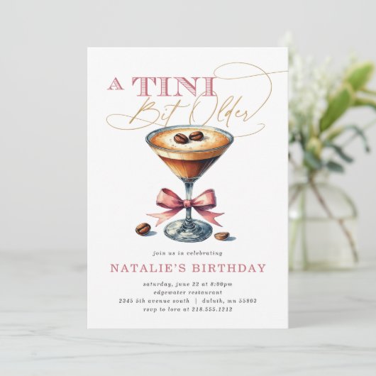 Invitation Tini Bit Ancien Espresso Martini Rose Bow Annivers (Debout devant)