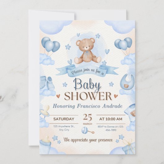 Invitation Tiny Blessing Baby Shower Elegant Design (Devant)