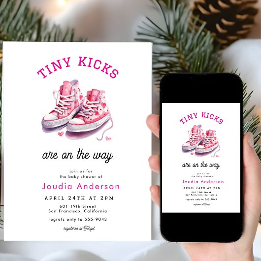 Invitation Tiny Kicks Sneakers Sports Pink Baby Shower 