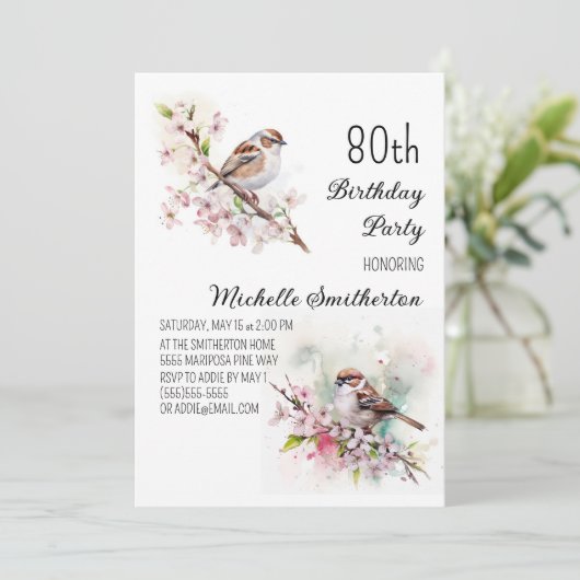 Invitation Tiny Sparrow Cherry Blossoms Printemps 80e Anniver (Debout devant)