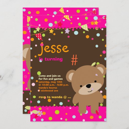 Invitation Tiny Teddy Bear/DO-IT-YOURSELF arrière - plan+text (Devant / Derrière)