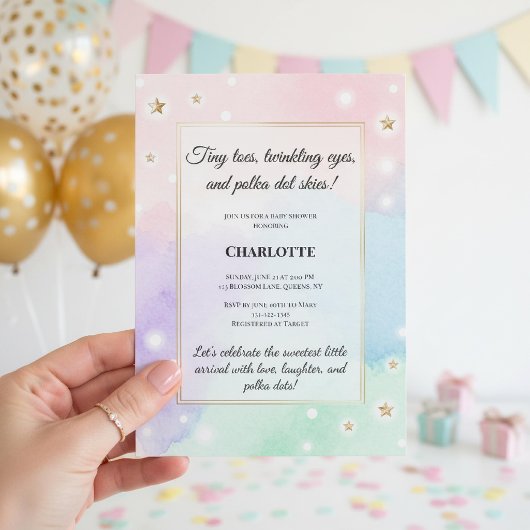 Invitation Tiny Toes Polka Point Bébé Fête Luxe Pastel