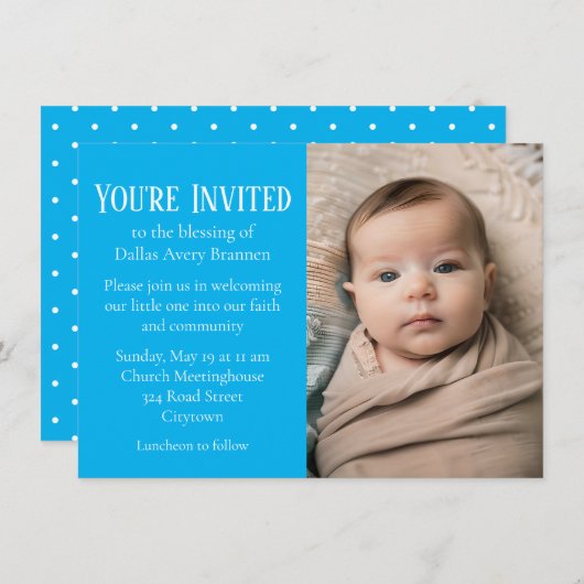 Invitation Tiny White Spots sur Blue Photo Baby Blessing (Devant / Derrière)