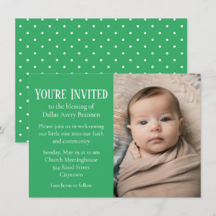 Invitation Tiny White Spots sur Green Photo Baby Blessing