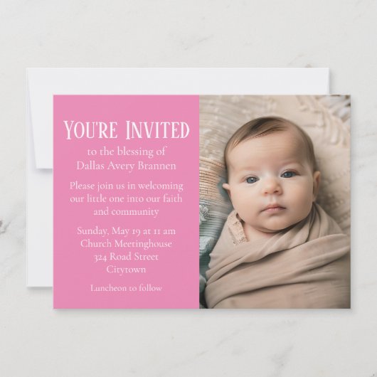 Invitation Tiny White Spots sur Pink Photo Blessing bébé (Devant)