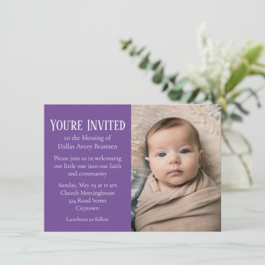 Invitation Tiny White Spots sur Purple Photo Blessing bébé (Debout devant)