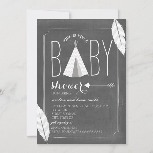 Invitation Tipi blanc + Baby shower de plumes (Devant)