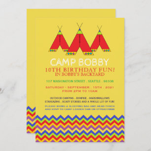 Invitation Tipi multicolore de Chevron, anniversaire campant