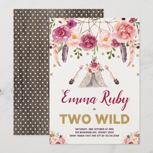 Invitation Tipi SAUVAGE de l'anniversaire de Boho (Devant / Derrière)