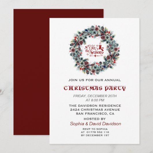 Invitation 'Tis Season Winter Wreath Christmas Party (Devant / Derrière)