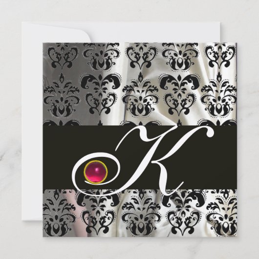 INVITATION TISSU DAMASSÉ ARGENT NOIR MONOGRAMME ROSE RUBIS (Devant)