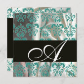 INVITATION TISSU DAMASSÉ EN SOIE NOIR BLEU BLANC MONOGRAMME (Devant / Derrière)