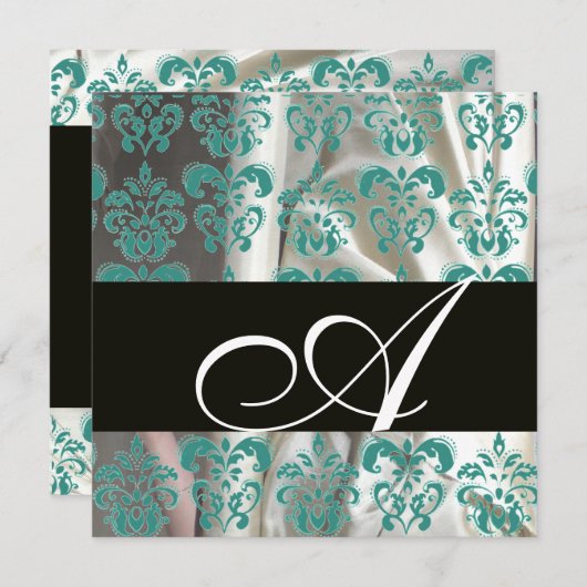 INVITATION TISSU DAMASSÉ EN SOIE NOIR BLEU BLANC MONOGRAMME (Devant / Derrière)