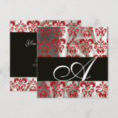 INVITATION TISSU DAMASSÉ EN SOIE NOIR ROUGE BLANC MONOGRAMME (Devant / Derrière)