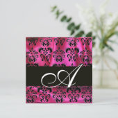 Invitation TISSU DAMASSÉ NOIR ROSE FUCHSIA MONOGRAMME , blanc (Debout devant)