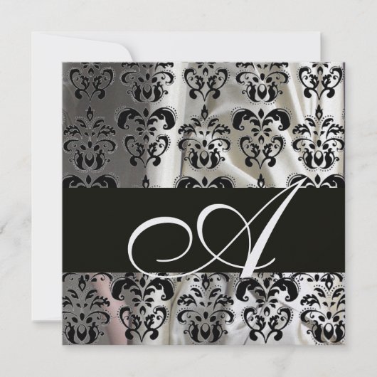 Invitation TISSU DE DAMAS DE SOIE NOIR & BLANC Monogramme Ice (Devant)