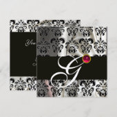 INVITATION TISSU DE DAMAS DE SOIE NOIR BLANC MONOGRAMME ROSE  (Devant / Derrière)