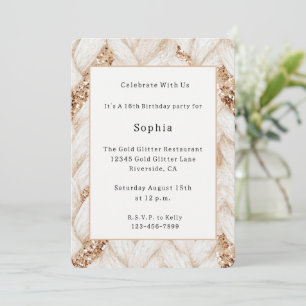 Invitation Tissu Faux Tissé Blanc Paillettes Dorées Anniversa