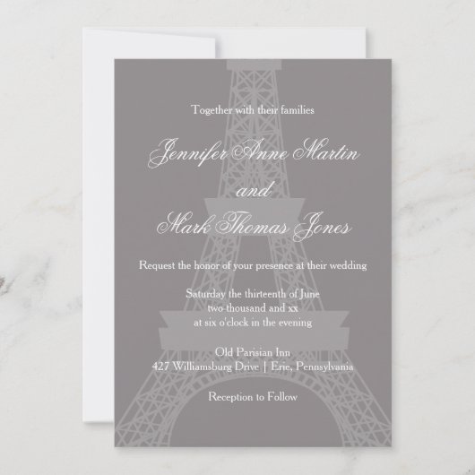 Invitation Titane et blanc Paris Tour Eiffel Mariage (Devant)