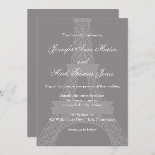 Invitation Titane et blanc Paris Tour Eiffel Mariage (Devant / Derrière)