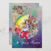 Invitation TITANIA , rose jaune bleu rouge scintillants (Devant / Derrière)