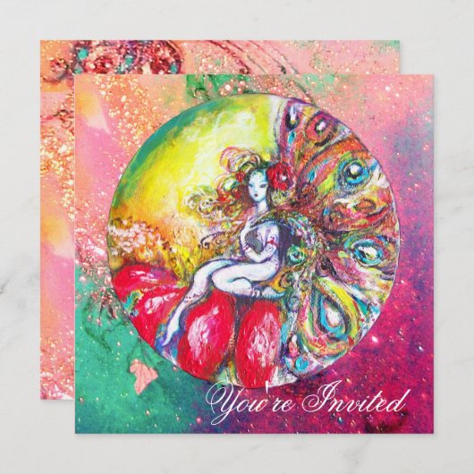 Invitation TITANIA , rose jaune  bleu vert rouge scintillatio (Devant / Derrière)