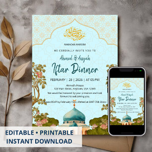 Invitation Titre Bleu Floral Arch Mosquée Iftar Aquarelle