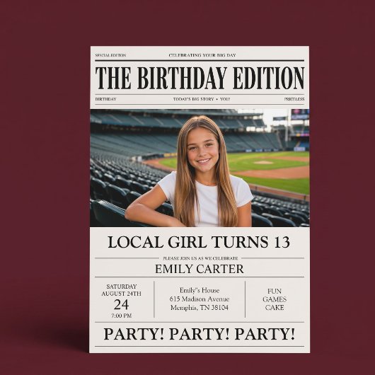 Invitation Titre de journal Fille drôle d'anniversaire