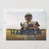 Invitation Titre gras athlète diplômée photo marine bleu gris (Devant)