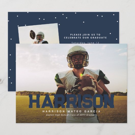 Invitation Titre gras athlète diplômée photo marine bleu gris (Devant / Derrière)