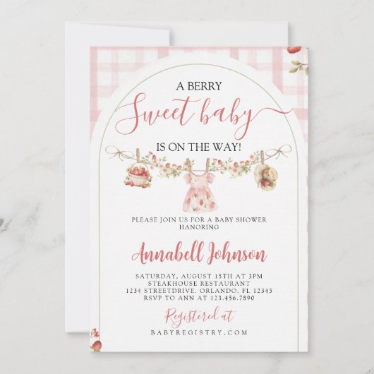 Invitation to a baby shower with a berry theme (Devant)