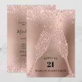 Invitation Toast Champagne d'or rose 21ème anniversaire (Devant / Derrière)