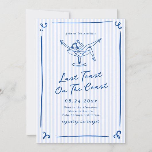 Invitation Toast Dernier bleu à main blanche tiré sur la côte (Devant)