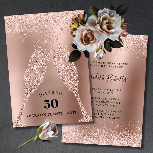 Invitation Toast en or rose du Bubbly 50e anniversaire