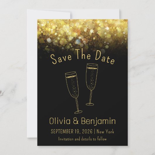 Invitation Toast Gold Parties scintillant Noir Mariage Enregi (Devant)