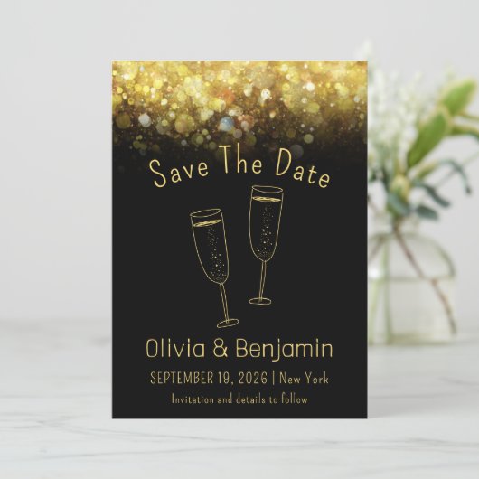 Invitation Toast Gold Parties scintillant Noir Mariage Enregi (Debout devant)