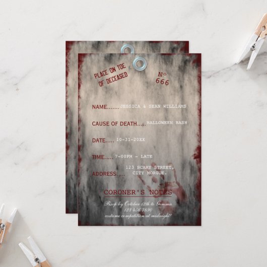 Invitation Toe Tag Halloween Party (Devant/Arrière en situation)