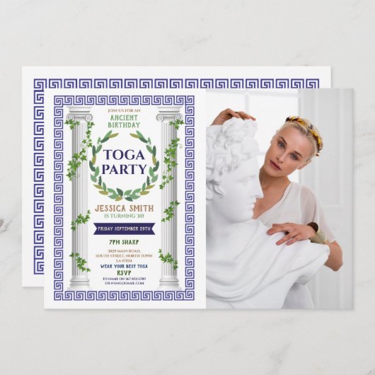 Invitation Toga fête Anniversaire Ivy Scroll Ancien Romain Ph (Devant / Derrière)