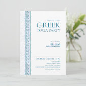 Invitation Toga Party en bleu avec des éléments en pierre gre (Debout devant)