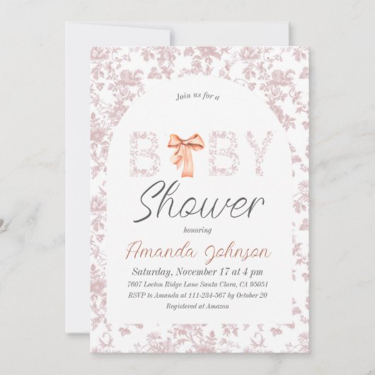 Invitation Toile Arch Blush Bow Baby shower Floral (Devant)