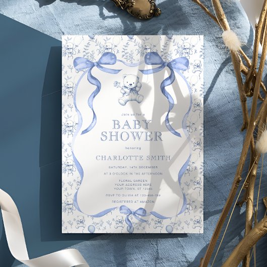 Invitation Toile Bear Baby shower bleu
