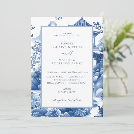 Invitation Toile Bleu et Blanc Chinoiserie Mariage Pagode Ble (Debout devant)
