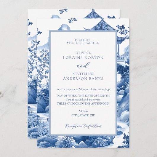 Invitation Toile Bleu et Blanc Chinoiserie Mariage Pagode Ble (Devant / Derrière)
